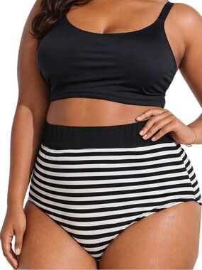 SWIM by Cacique Black White Stripe Bikini Bottom High Waist Ruched tummy 28